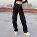 Women's Fashion Street Style Multi-Pocket Cargo Straight Leg High Waist Slimming Loose Khaki Jeans_mkmklike.com