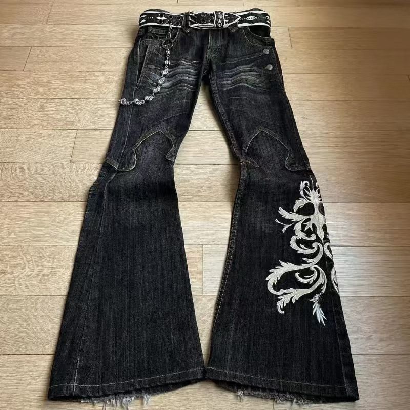 Gothic Retro Double Waist Tie Flared Jeans For Women Y2K Street Washed Distressed Ripped Design Trousers_mkmklike.com