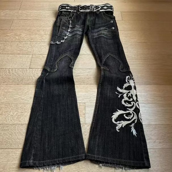 Gothic Retro Double Waist Tie Flared Jeans For Women Y2K Street Washed Distressed Ripped Design Trousers_mkmklike.com