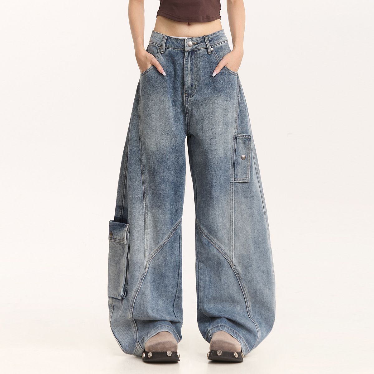 Men's Patchwork Cargo Jeans Straight Leg Loose Fit Large Pockets Trendy Cool American High Street Style_mkmklike.com