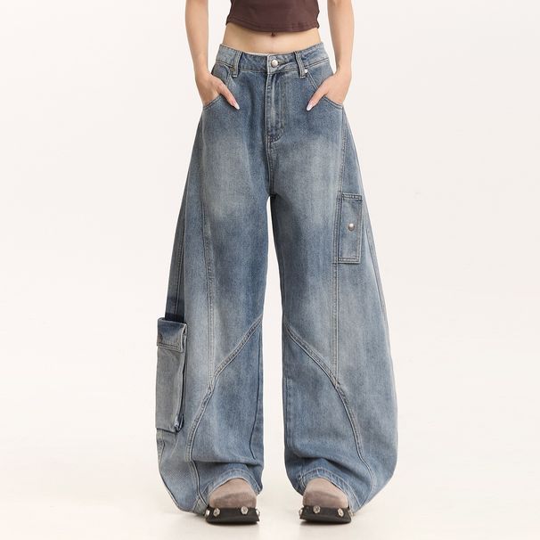 Men's Patchwork Cargo Jeans Straight Leg Loose Fit Large Pockets Trendy Cool American High Street Style_mkmklike.com