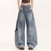 Men's Patchwork Cargo Jeans Straight Leg Loose Fit Large Pockets Trendy Cool American High Street Style_mkmklike.com