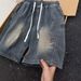 Unisex Vintage Washed Drawstring Waist Denim Shorts Casual Summer Streetwear Five-Point Shorts Gender-Neutral Design_mkmklike.com