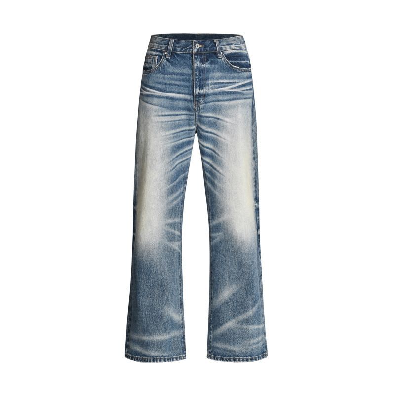 Men's High Street Washed Wide Leg Jeans Distressed Whiskered Crease Loose Fit Mid Waist Cotton Denim Black Blue_mkmklike.com
