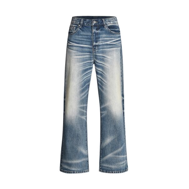 Men's High Street Washed Wide Leg Jeans Distressed Whiskered Crease Loose Fit Mid Waist Cotton Denim Black Blue_mkmklike.com