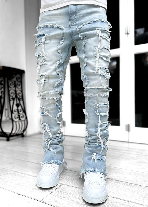 Fashion Stretch Patch Men's Jeans Y2K Patchwork Creative Tassels Decoration Straight Denim Trousers For Men Hip Hop Jean Pants_mkmklike.com