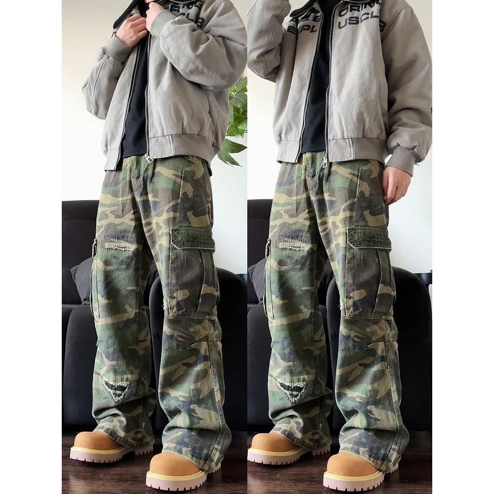 Men's Clothing Cleanfit High Street Distressed Patchwork Camouflage Distressed Denim Jeans - Loose Fit, Streetwear, Summer, Comfortable, Stylish_mkmklike.com