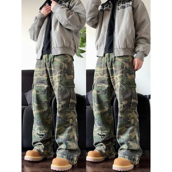 Men's Clothing Cleanfit High Street Distressed Patchwork Camouflage Distressed Denim Jeans - Loose Fit, Streetwear, Summer, Comfortable, Stylish_mkmklike.com