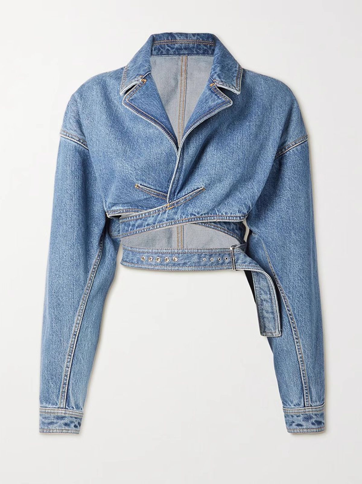 Women's Cropped Denim Jacket With Cross-Over Design, Lace-Up Waist Detail & Distressed Accents - Oversized Fit Streetwear Style_mkmklike.com