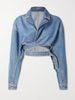 Design Sense Top Coat Cross Lapel Hollow Out Waistband Belt Short Women's Denim Jacket_mkmklike.com