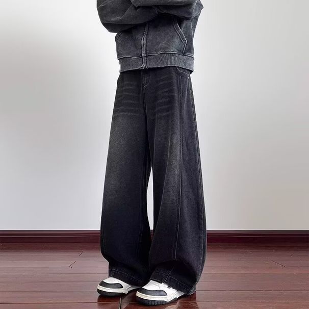 Men's High Street Wide Leg Jeans, Spring And Autumn Style, American Loose Straight Leg, Drapey, Floor Length Pants, Men's Washed Retro Style._mkmklike.com