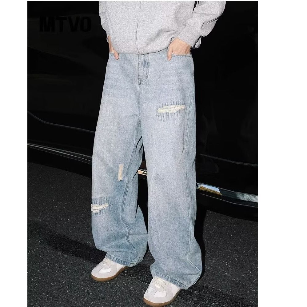 Men's Harajuku Style Washed Hole Jeans Artistic Trend High Street Fashion mid Waist Standard Thickness Spring Summer Wear_mkmklike.com