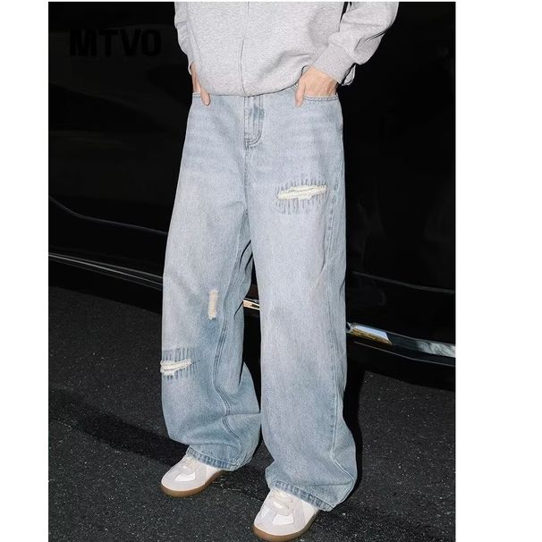 Men's Harajuku Style Washed Hole Jeans Artistic Trend High Street Fashion mid Waist Standard Thickness Spring Summer Wear_mkmklike.com