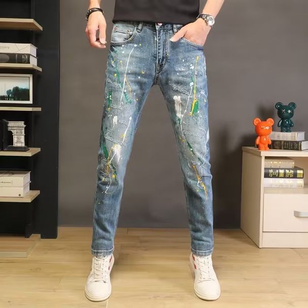 Cross-border Nine-point Jeans Men's Slim Fit Small Feet 2023 New Men's Casual Splash-ink Hole Trend Jeans_mkmklike.com