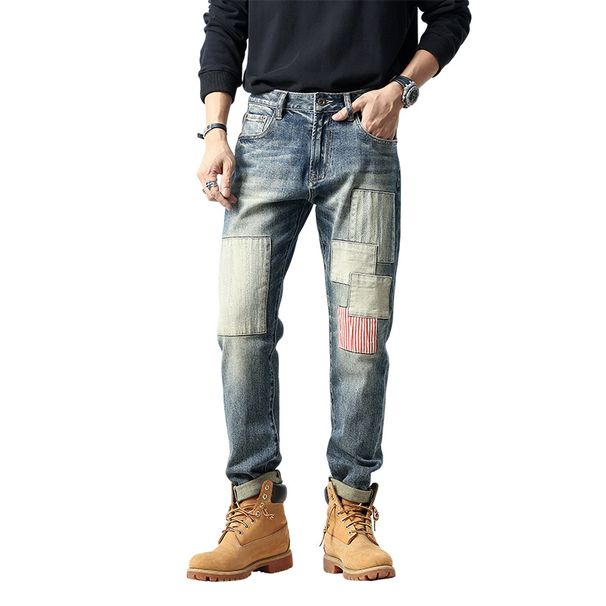 Patchwork Denim Jeans | Retro Stretch Slim Fit With Distressed Details Slim Straight Fit_mkmklike.com