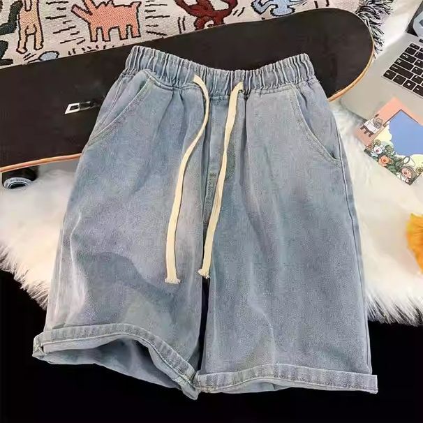 Men's Summer Thin Loose Five-Point Denim Orts Waed Elastic Waist Casual Straight Leg Jeans_mkmklike.com