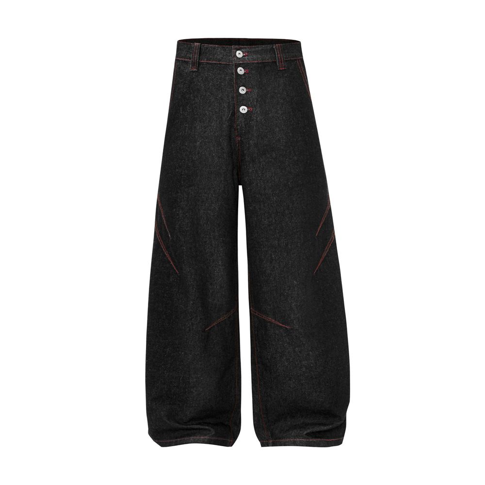 Silhouette Scimitar Jeans American High Street Vibe Button Open Front Design Sense Stitching Loose Wide-Leg Long Pants_mkmklike.com