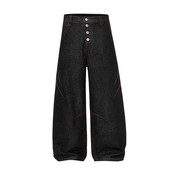 Silhouette Scimitar Jeans American High Street Vibe Button Open Front Design Sense Stitching Loose Wide-Leg Long Pants_mkmklike.com