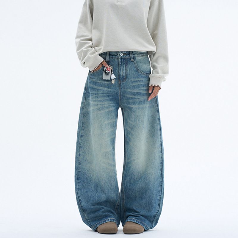 Men's Retro Washed Whisker Texture Curved Jeans American Style Unisex Baggy Wide Leg Trousers_mkmklike.com