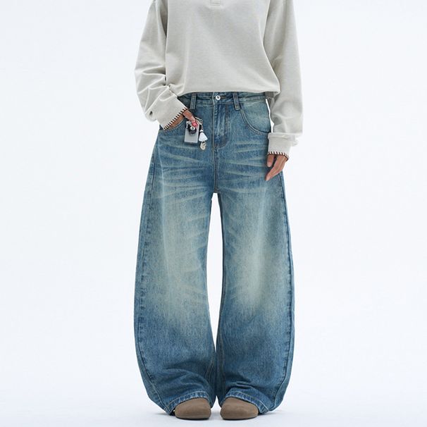 Men's Retro Washed Whisker Texture Curved Jeans American Style Unisex Baggy Wide Leg Trousers_mkmklike.com