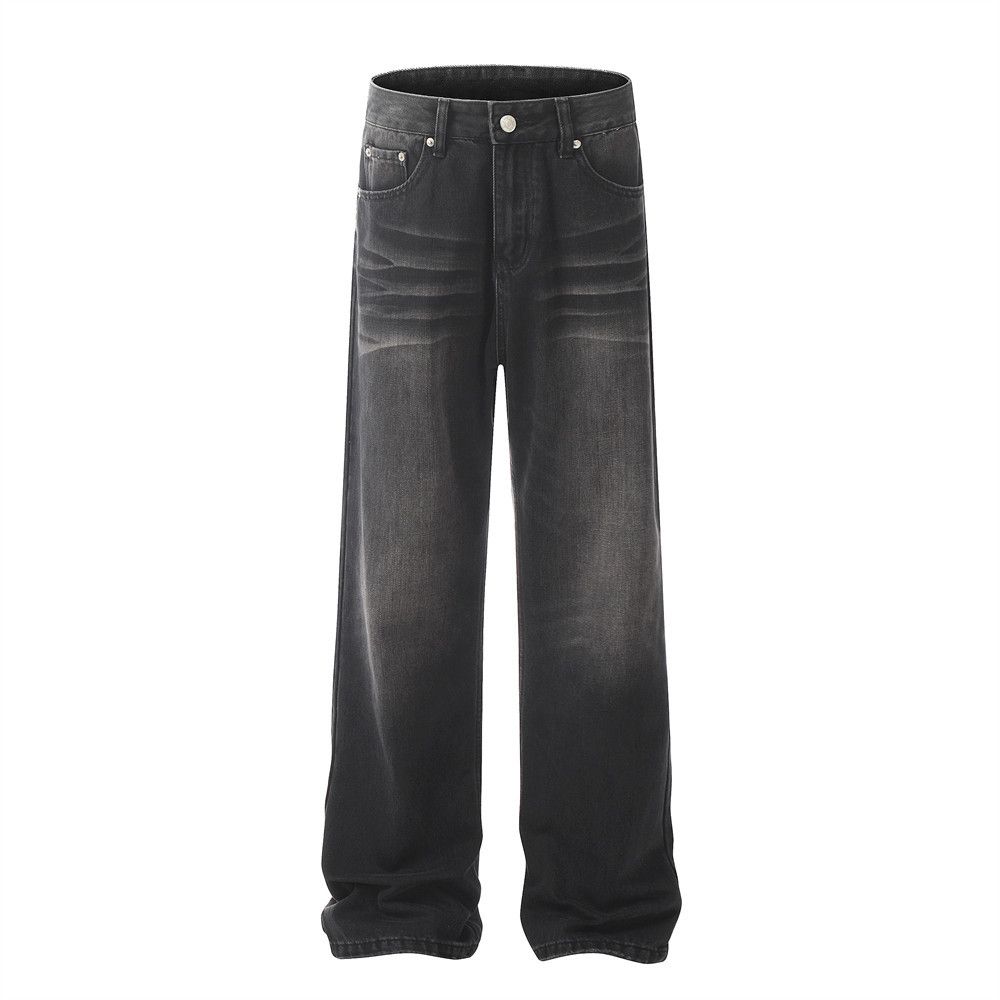 Washed Black Straight-Leg Jeans For Men American Trendy Brand Ins Simple Style Versatile Loose Vintage Wide-Leg Pants_mkmklike.com