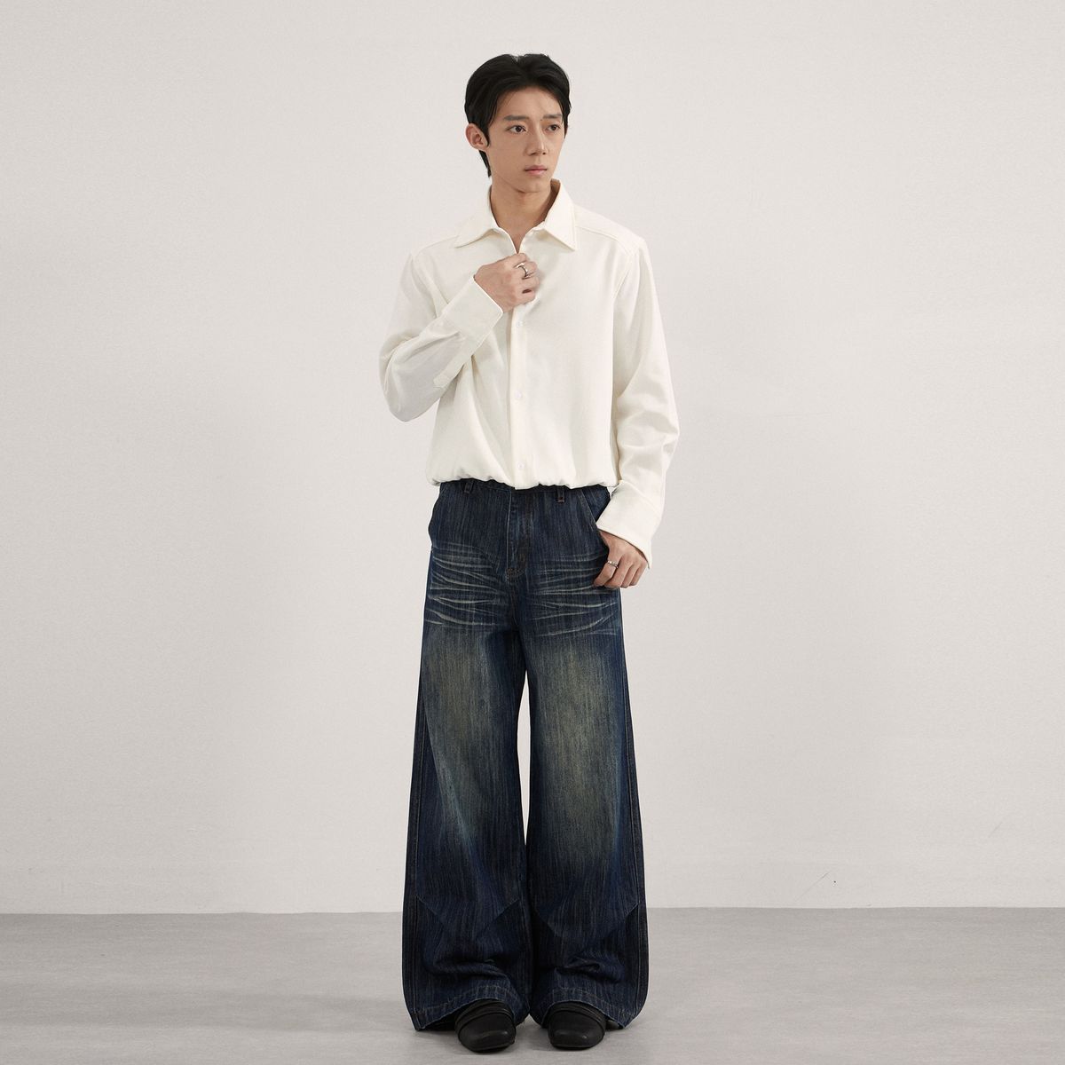 LKTM Men's Retro Washed Distressed Whiskered Bamboo Texture Jeans Unisex Trendy Pleated A-Line Trousers_mkmklike.com
