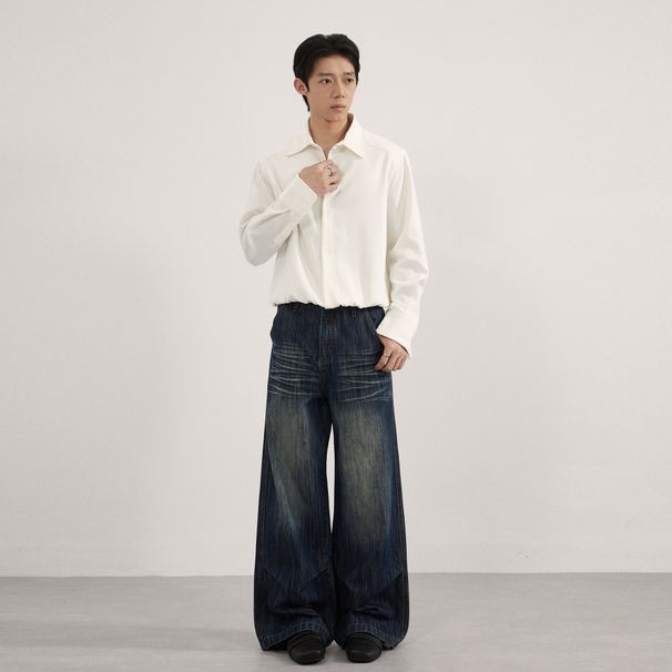 LKTM Men's Retro Washed Distressed Whiskered Bamboo Texture Jeans Unisex Trendy Pleated A-Line Trousers_mkmklike.com