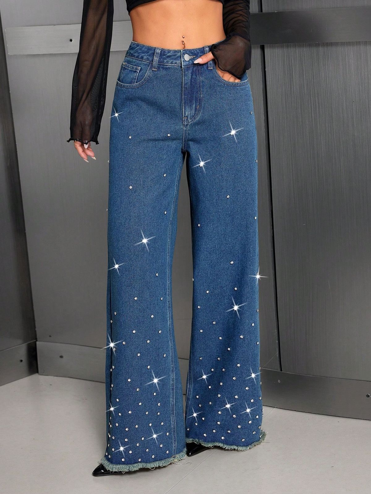 Women's Beaded Embellished Jeans Loose Fit Frayed Edges Available_mkmklike.com