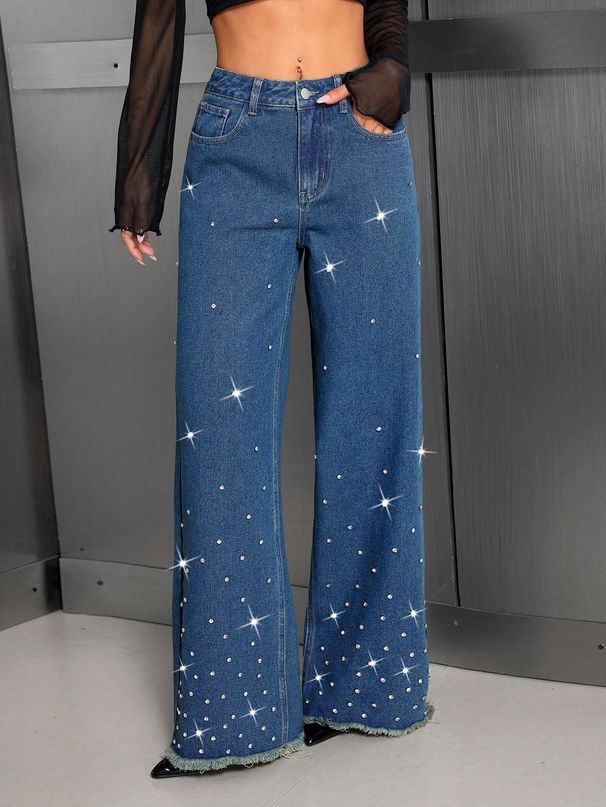 Women's Beaded Embellished Jeans Loose Fit Frayed Edges Available_mkmklike.com
