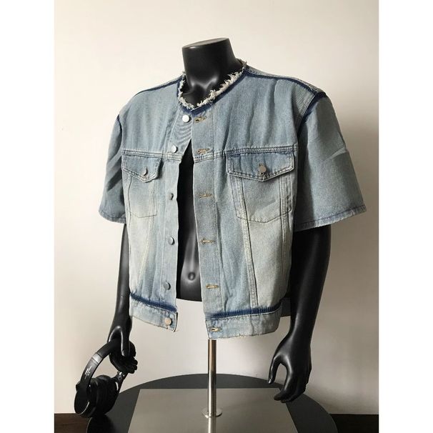 Men's & Women's Denim Shirt Jacket With Shoulder Pads – Vintage Raw Hem, Workwear Casual Short Sleeve Shirt For Summer_mkmklike.com