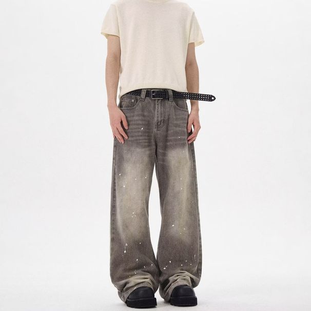 Retro Washed Distressed Gray Splatter Paint Curved Blade Jeans Trendy American Street Style Loose Pants For Men And Women Spring Autumn_mkmklike.com