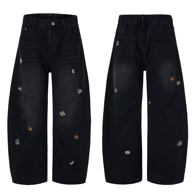 Men's Clothing & Archer0603 & Autumn American Cartoon Bear Embroidered Jeans Men's Retro Washed Loose Straight Leg Casual Pants_mkmklike.com