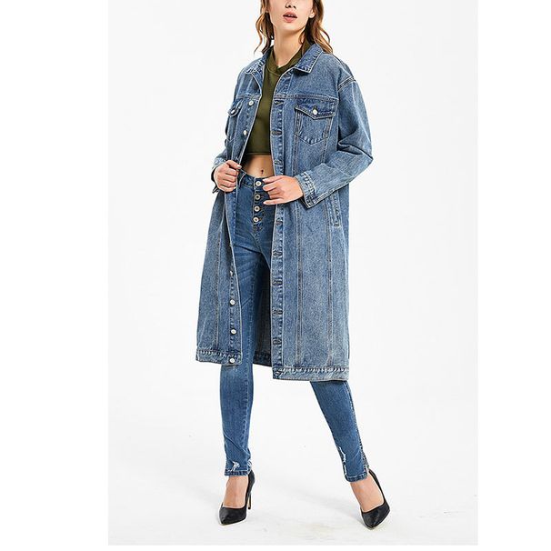 Men's And Women's Distressed Denim Jacket with Polo Collar Long Sleeve Overshirt Streetwear Fashion Blue Coat_mkmklike.com