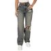 Women's High-Waisted Retro Style Distressed Jeans Wide Leg Straight Leg Slimming Denim Trousers_mkmklike.com