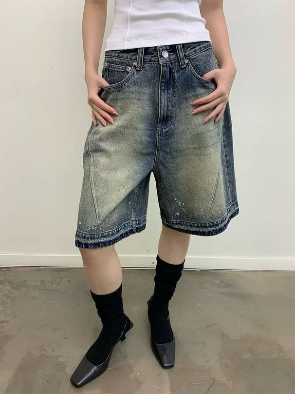 Men's Clothing Hand Painted Ink Splashed Monkey Spray Dyed Washed And Distressed Denim Shorts High Street Chic Design Trendy And Handsome_mkmklike.com