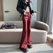 Sweet And Cool Style Ankara Red Micro-flared Double-button Women's Jeans, Extra-long Coffee-colored Trousers_mkmklike.com