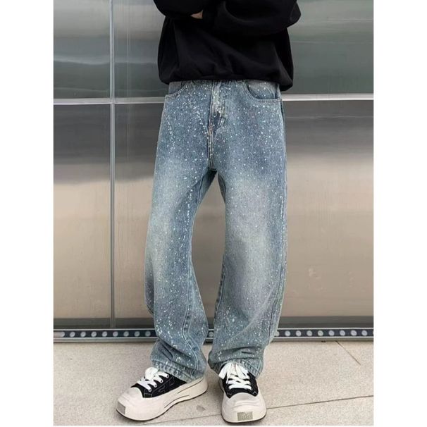 Men's Rhinestone Embellished Denim Jeans Loose Fit Wide Leg Streetwear Casual Party Wear Pants_mkmklike.com