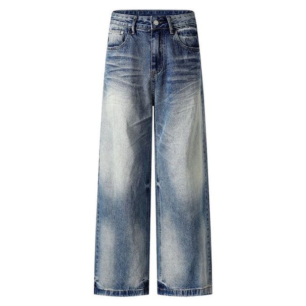 Men's Clothing American High Street Vibe Washed Blue Distressed Cat Whisker Jeans For Men And Women Cleanfit Loose Straight Wide Leg Pants Trend_mkmklike.com