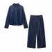Women's Denim Shirt & High-Waisted Wide-Leg Pants Set – Minimalist Office To Weekend Outfit (XS-L)_mkmklike.com