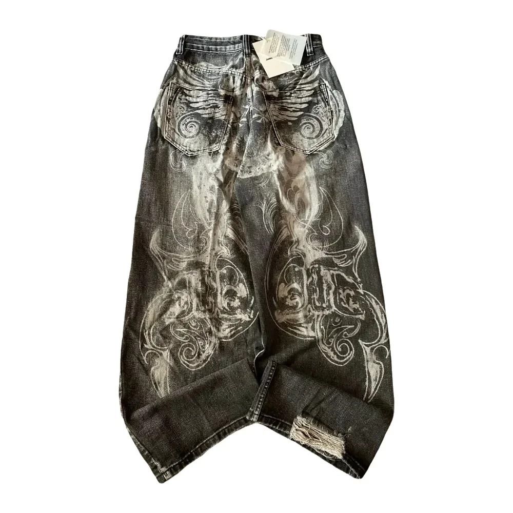 Unisex Y2K Vintage Washed Jeans – High Street Retro Straight-Leg Pants With Distressed Details, 90s Grunge Aesthetic (Black)_mkmklike.com