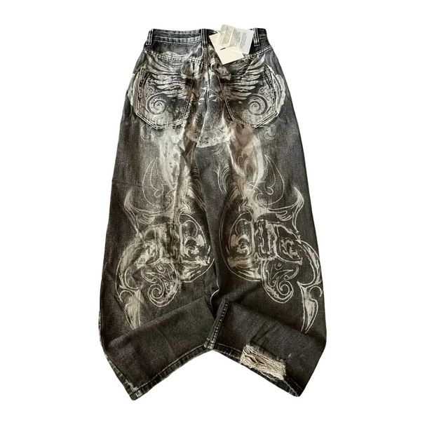 Unisex Y2K Vintage Washed Jeans – High Street Retro Straight-Leg Pants With Distressed Details, 90s Grunge Aesthetic (Black)_mkmklike.com