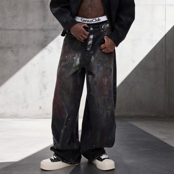 Men's Loose Straight Leg Jeans With Starry Galaxy Wash & Hand-Painted Details - Trendy Streetwear Style_mkmklike.com