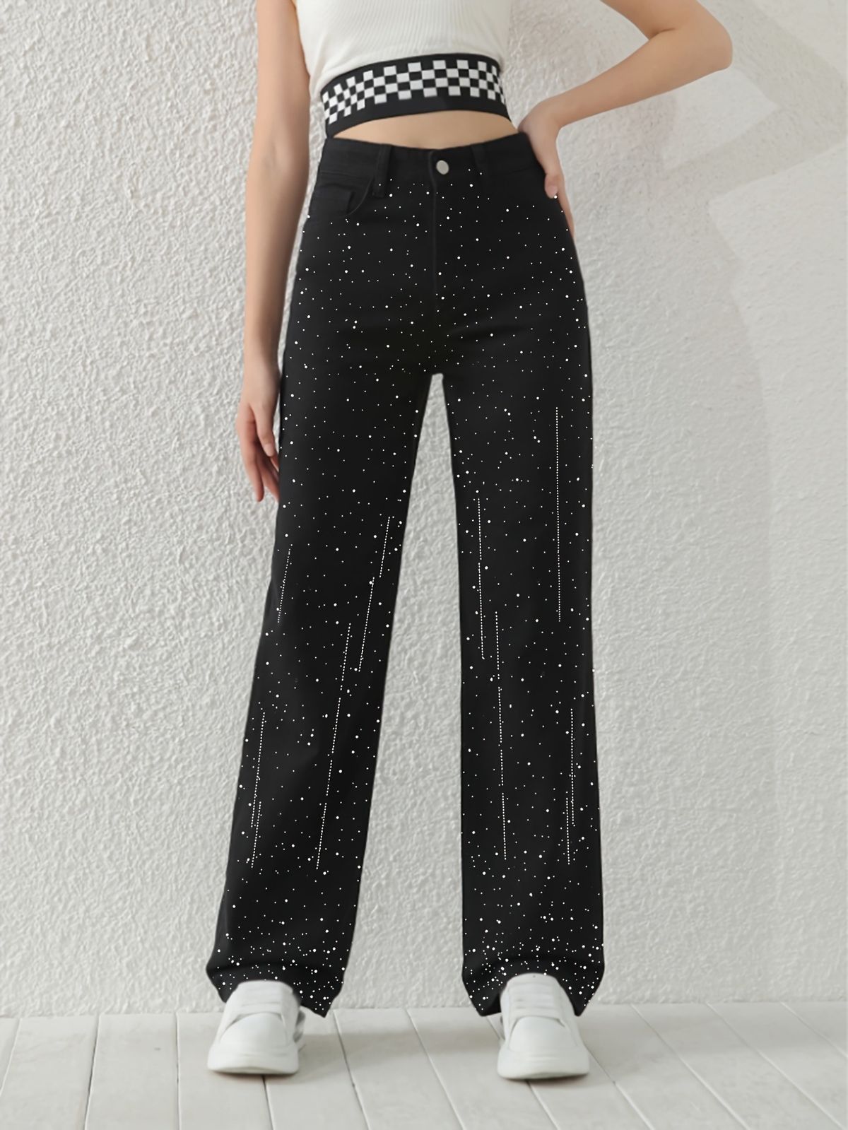 Trendy Women's Straight Leg Jeans With Geometric Crystal Line Design - High Waist Non-Stretch Denim Pants In Classic Black_mkmklike.com