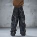 Trendy Men's Relaxed Fit Straight Leg Jeans - Dark Blue Washed With Faux Ripped & Graffiti Details_mkmklike.com