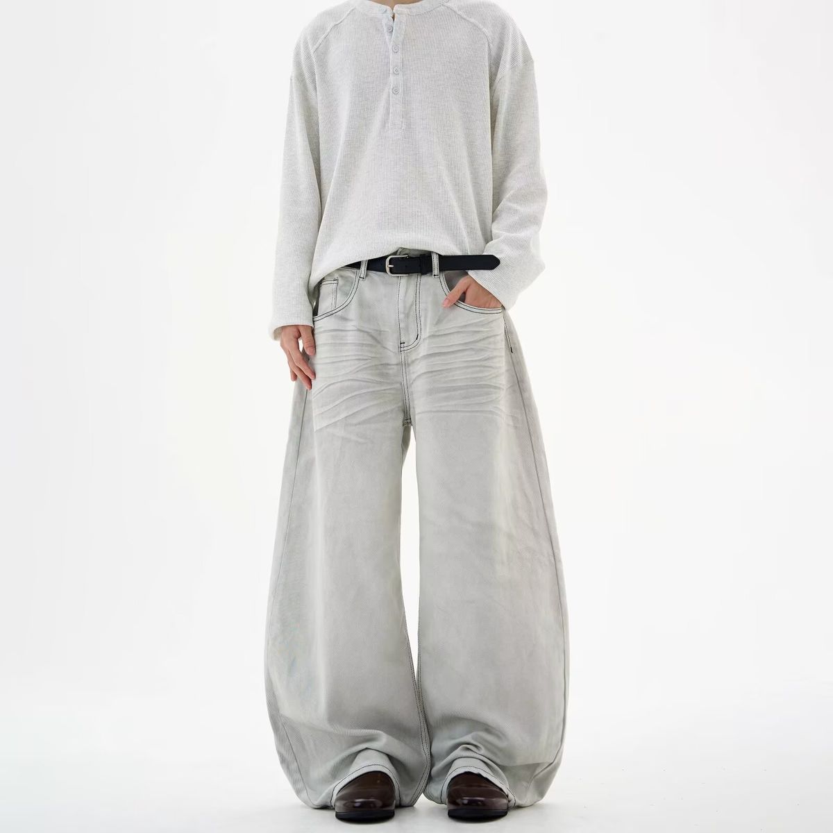 Men's Retro Distressed Jeans Loose Fit Straight Leg Mid Waist Long Floor Length Hip Hop Style Softener Machine Washable_mkmklike.com