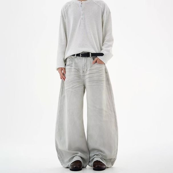 Men's Retro Distressed Jeans Loose Fit Straight Leg Mid Waist Long Floor Length Hip Hop Style Softener Machine Washable_mkmklike.com