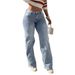 High Stretch High Waisted Straight Leg Denim Jeans Light Blue Washed Classic European Style Peach Shaped Silhouette Women's Clothing_mkmklike.com
