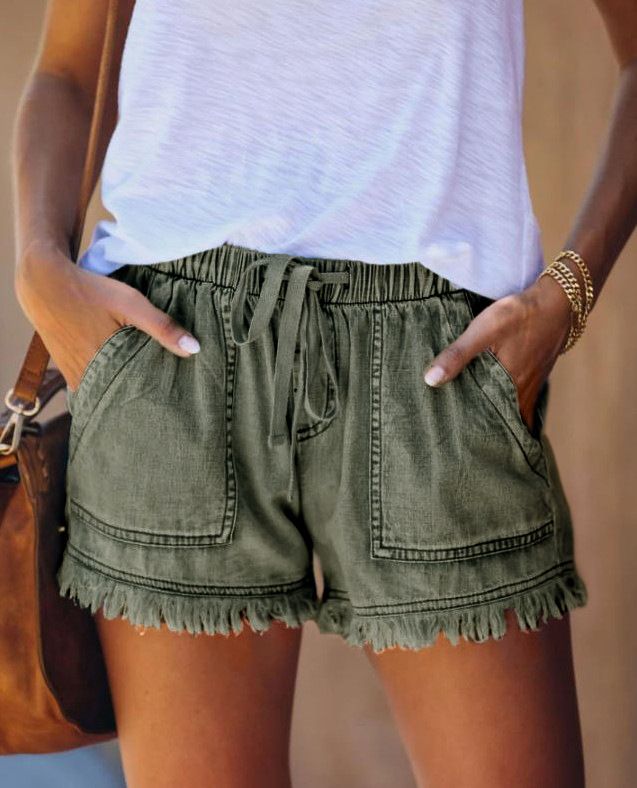Women's Clothing Elastic Waist Drawstring Casual High Waist Slimming Denim Shorts_mkmklike.com