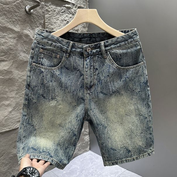 Men's Trendy Washed Jacquard Denim Shorts High Street Style Summer Loose Fit American Retro Cool Five Point Pants_mkmklike.com