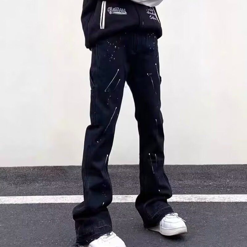 Men's Clothing High Street Vibe Style Zipper Slit Jeans Men Ins Loose Straight Ink Splashed Micro Flared Trousers_mkmklike.com
